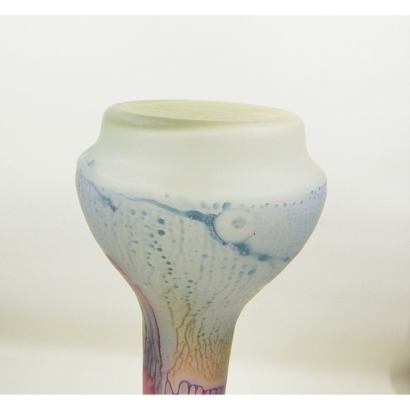 Rueven Art Glass Watercolor Drip Hand Painted Satin Bud Vase Ruffle Top 9 Inch - Picture 12 of 12